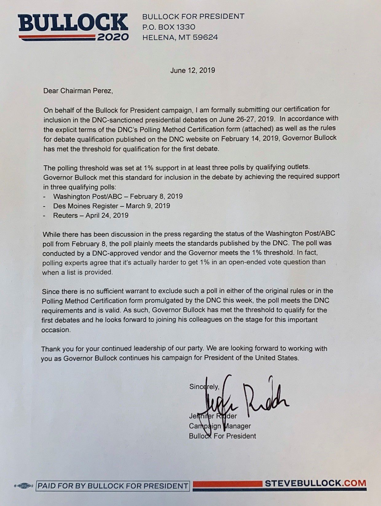 Bullock Letter to DNC